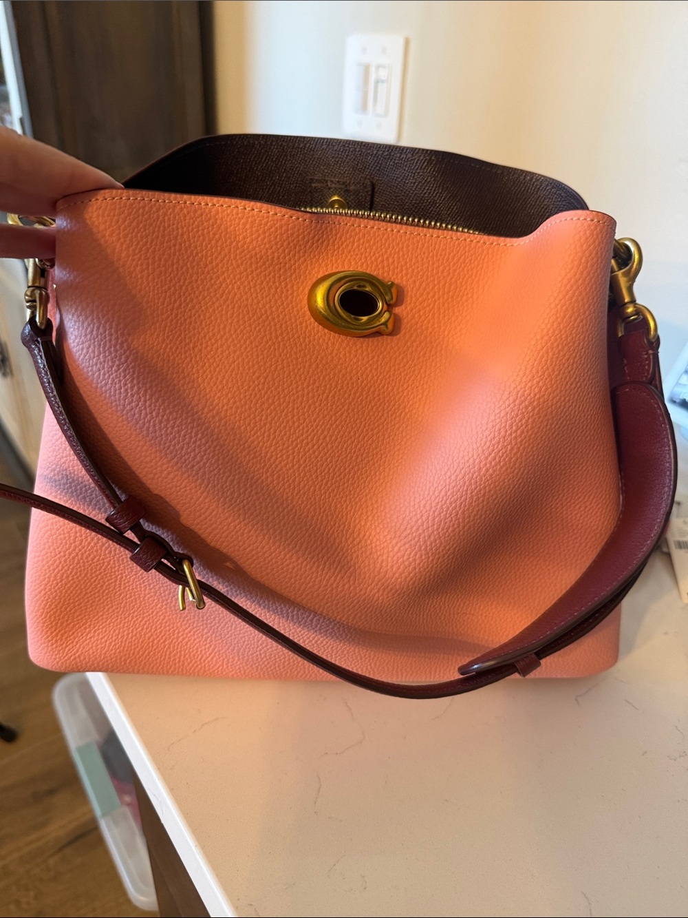 Coach Coral Pebbled Leather Shoulder Bag with Maroon Strap